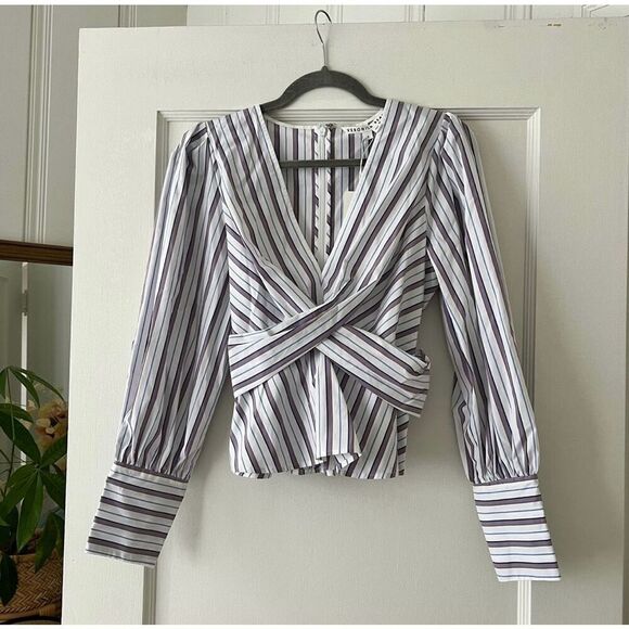Veronica Beard Seema Stripe Twist Front Blouse in Off White Purple Multi size 8 - Picture 2 of 12